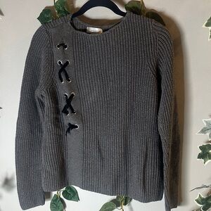 Christopher & Banks Charcoal Sweater with Lace-Up Accent